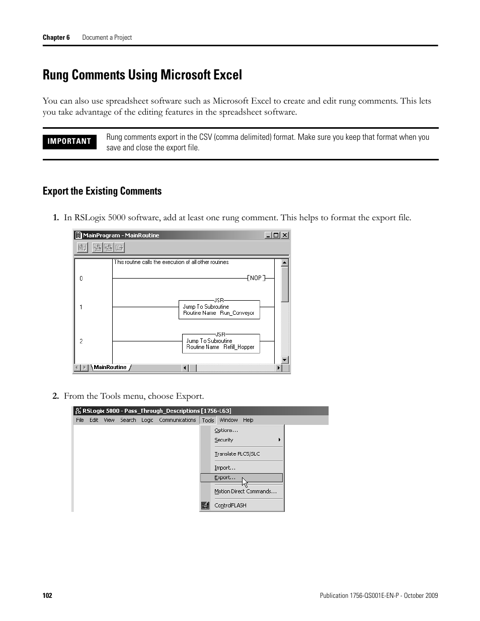 Rung comments using microsoft excel, Rung comments using microsoft, Export the existing comments | Rockwell Automation Logix5000 Logix5000 Controllers Quick Start User Manual | Page 102 / 148