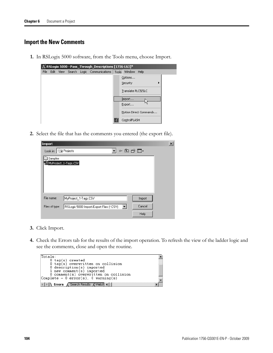 Import the new comments | Rockwell Automation Logix5000 Logix5000 Controllers Quick Start User Manual | Page 104 / 148