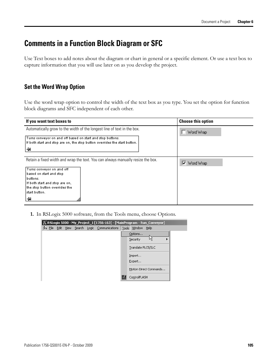 Comments in a function block diagram or sfc, Set the word wrap option | Rockwell Automation Logix5000 Logix5000 Controllers Quick Start User Manual | Page 105 / 148