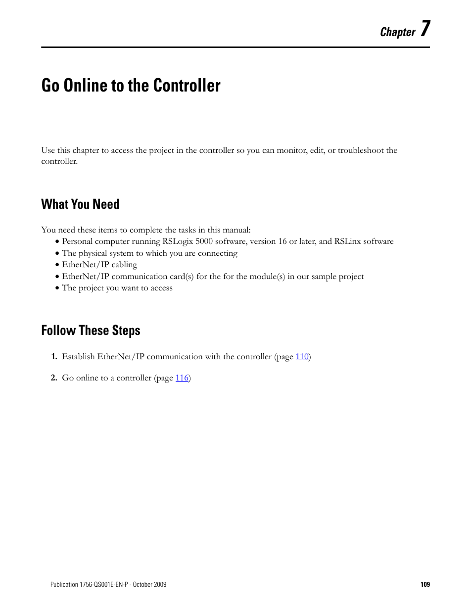 7 - go online to the controller, What you need, Follow these steps | Chapter 7, Go online to the controller, What you need follow these steps | Rockwell Automation Logix5000 Logix5000 Controllers Quick Start User Manual | Page 109 / 148