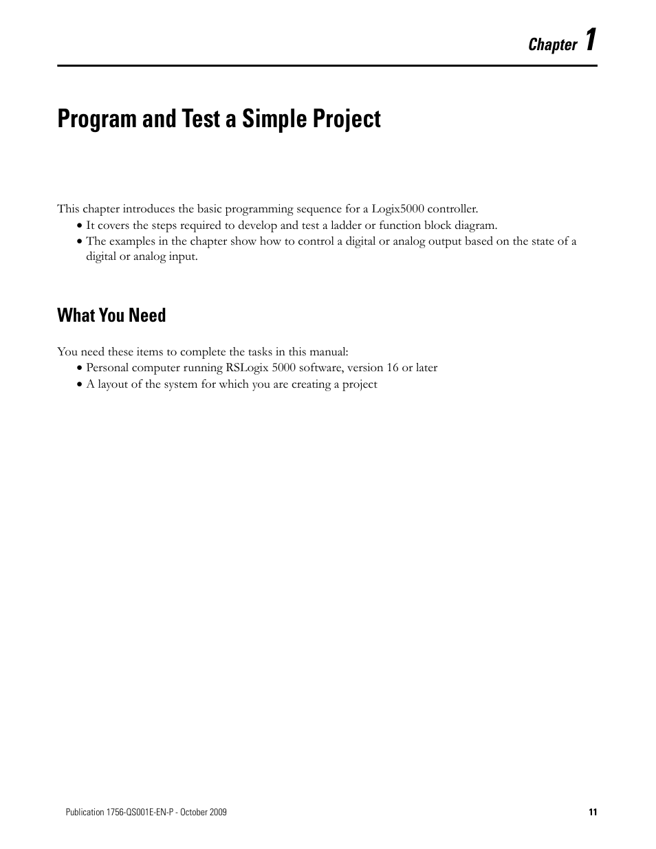 1 - program and test a simple project, What you need, Chapter 1 | Program and test a simple project | Rockwell Automation Logix5000 Logix5000 Controllers Quick Start User Manual | Page 11 / 148