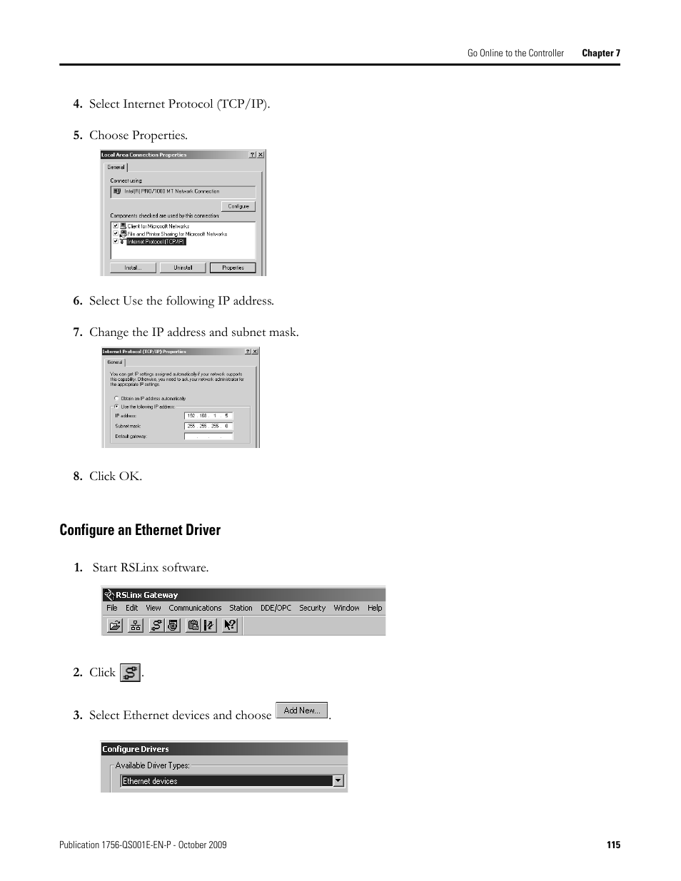 Configure an ethernet driver | Rockwell Automation Logix5000 Logix5000 Controllers Quick Start User Manual | Page 115 / 148