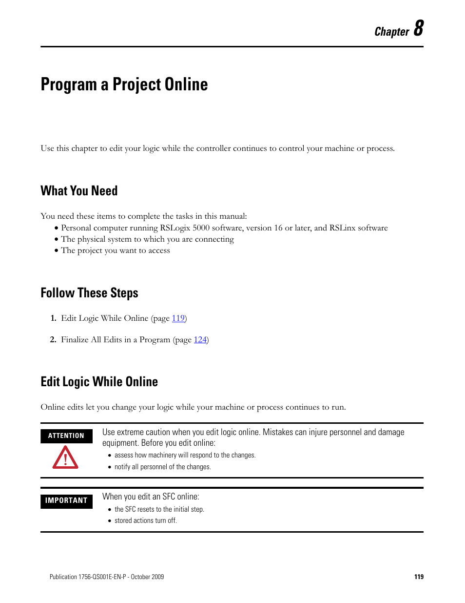 8 - program a project online, What you need, Follow these steps | Edit logic while online, Chapter 8, Program a project online, Apter chapter 8, Chapter | Rockwell Automation Logix5000 Logix5000 Controllers Quick Start User Manual | Page 119 / 148