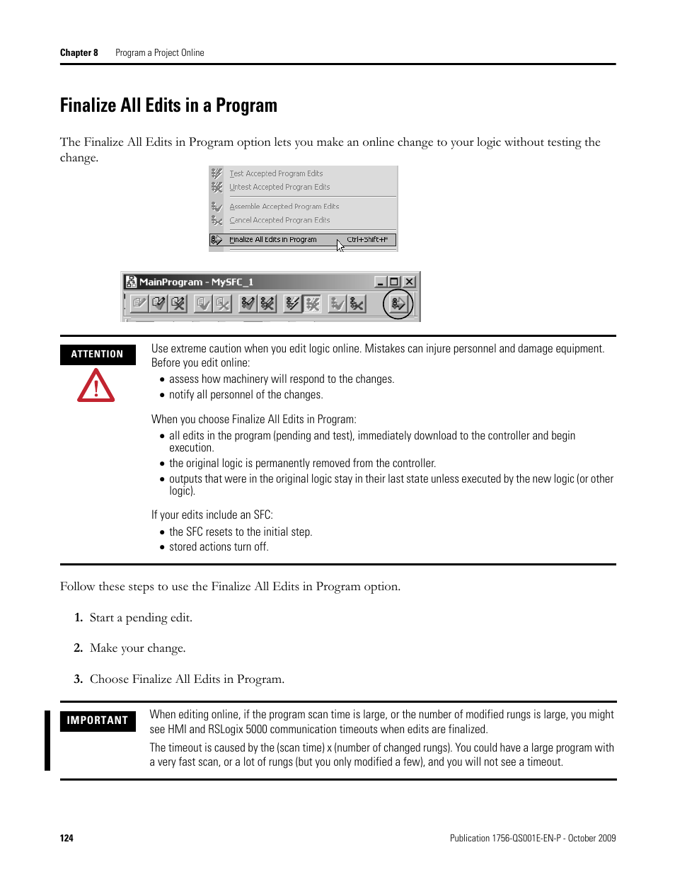 Finalize all edits in a program | Rockwell Automation Logix5000 Logix5000 Controllers Quick Start User Manual | Page 124 / 148