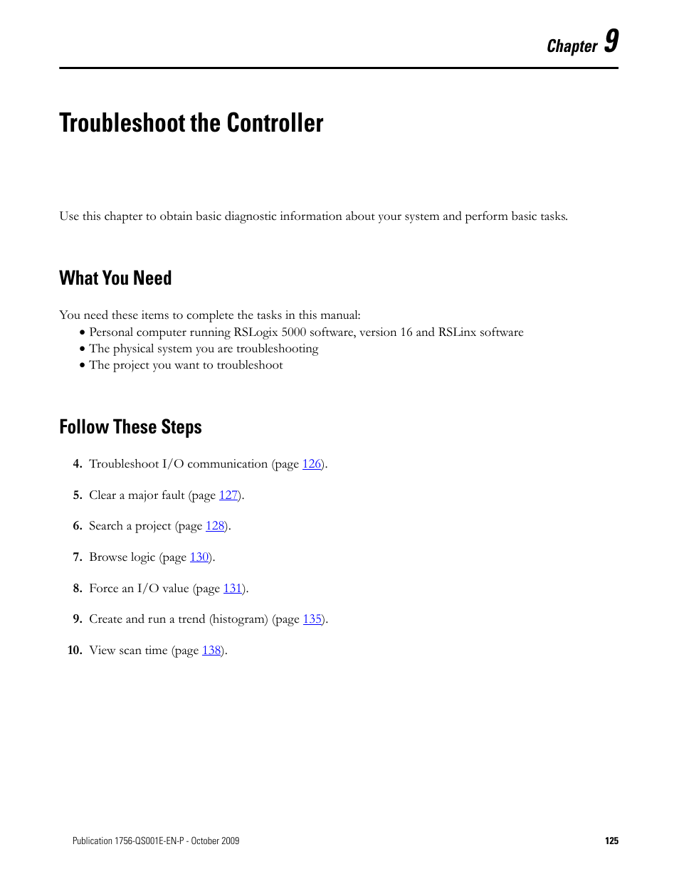 9 - troubleshoot the controller, What you need, Follow these steps | Chapter 9, Troubleshoot the controller, What you need follow these steps, Chapter | Rockwell Automation Logix5000 Logix5000 Controllers Quick Start User Manual | Page 125 / 148