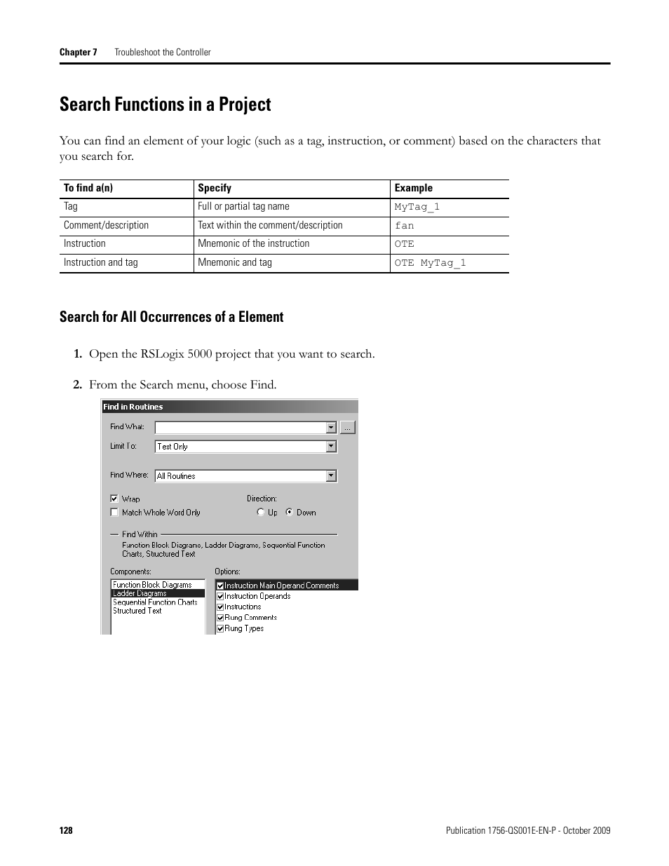 Search functions in a project, Search for all occurrences of a element | Rockwell Automation Logix5000 Logix5000 Controllers Quick Start User Manual | Page 128 / 148