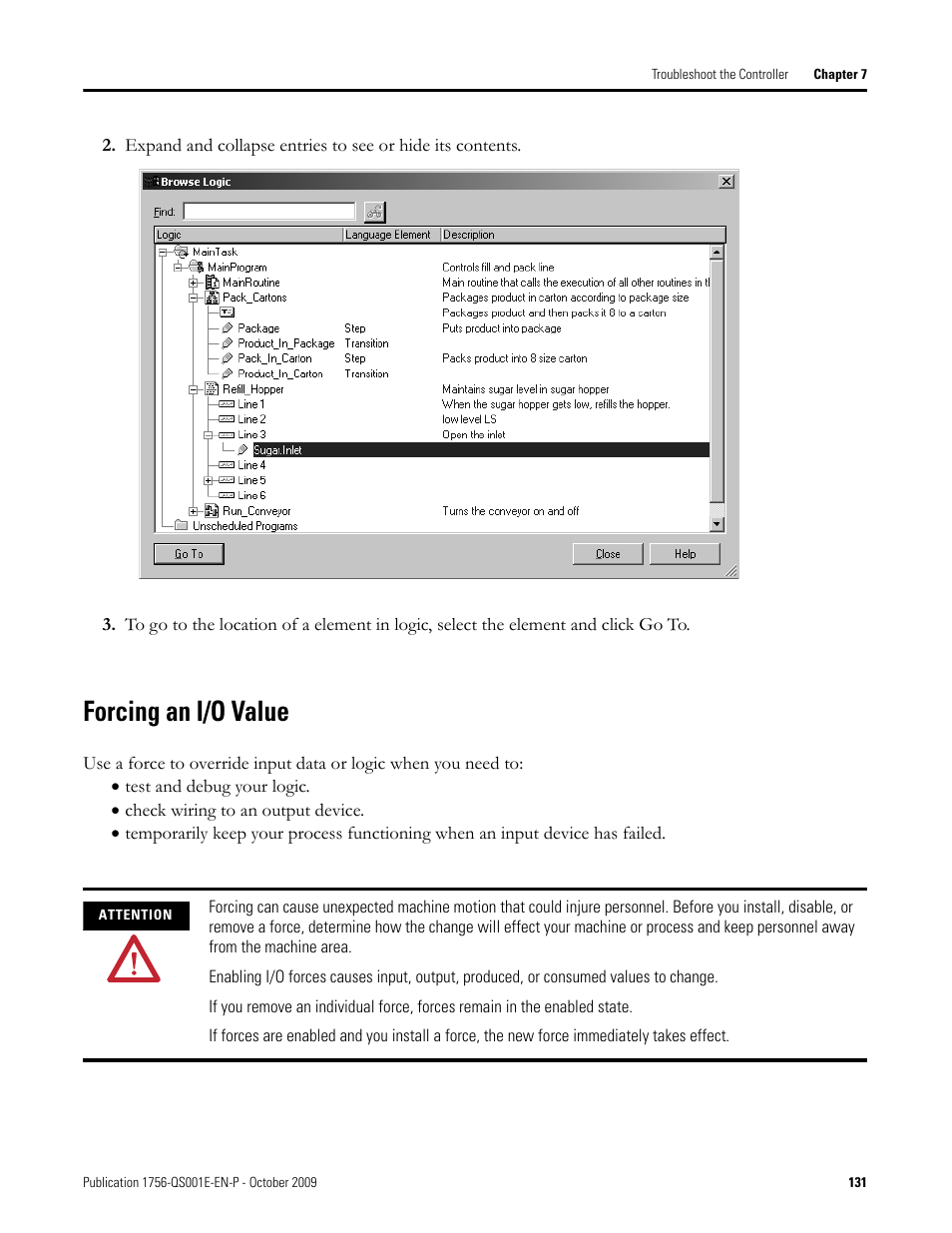 Forcing an i/o value | Rockwell Automation Logix5000 Logix5000 Controllers Quick Start User Manual | Page 131 / 148