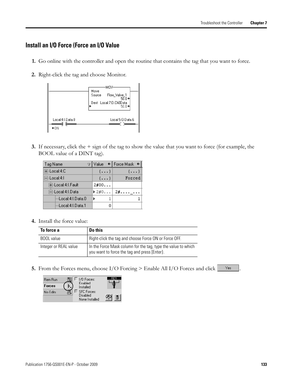 Install an i/o force (force an i/o value | Rockwell Automation Logix5000 Logix5000 Controllers Quick Start User Manual | Page 133 / 148