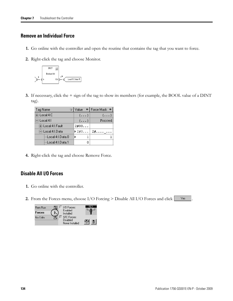 Remove an individual force disable all i/o forces, Remove an individual force, Disable all i/o forces | Rockwell Automation Logix5000 Logix5000 Controllers Quick Start User Manual | Page 134 / 148