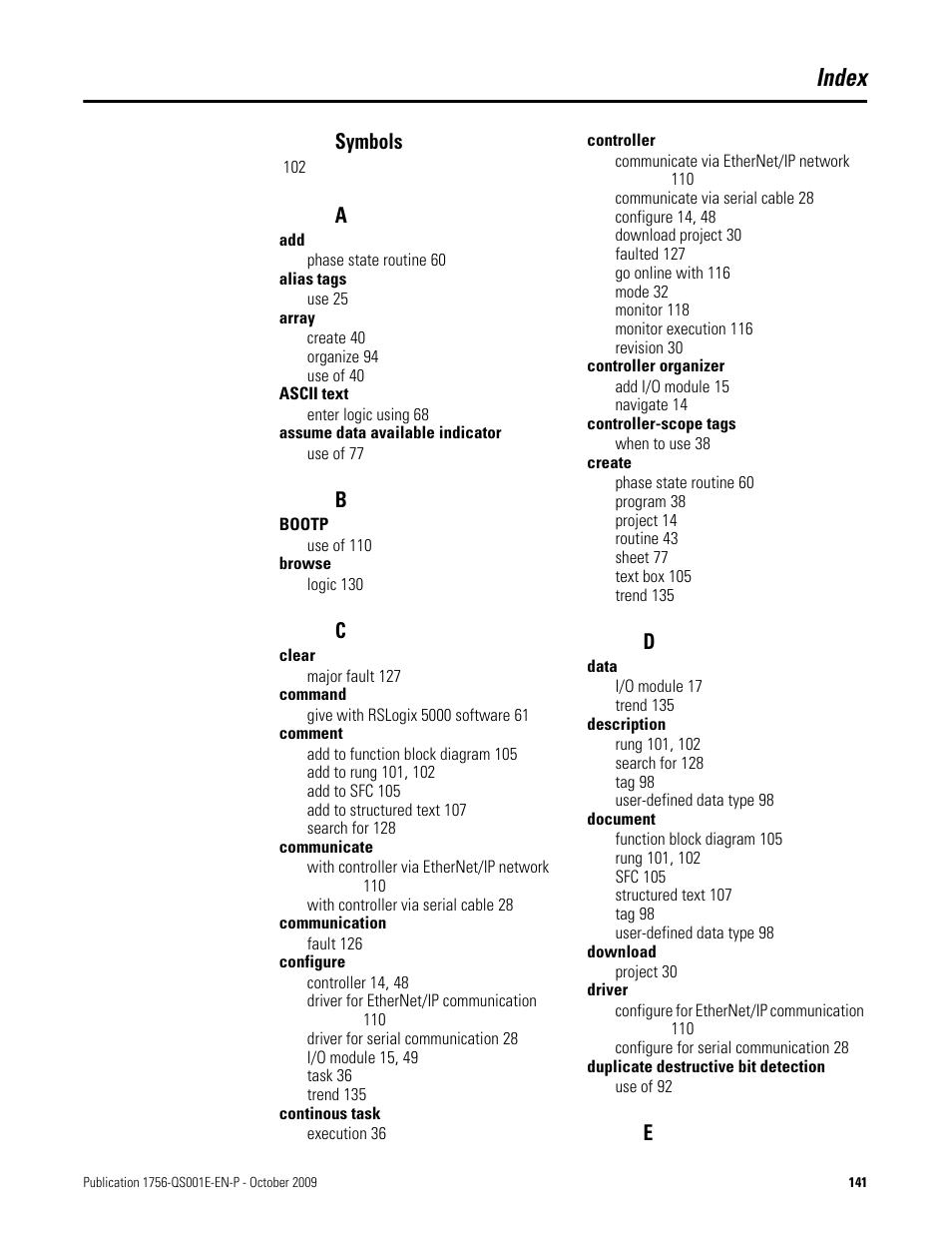 Index, Symbols | Rockwell Automation Logix5000 Logix5000 Controllers Quick Start User Manual | Page 141 / 148