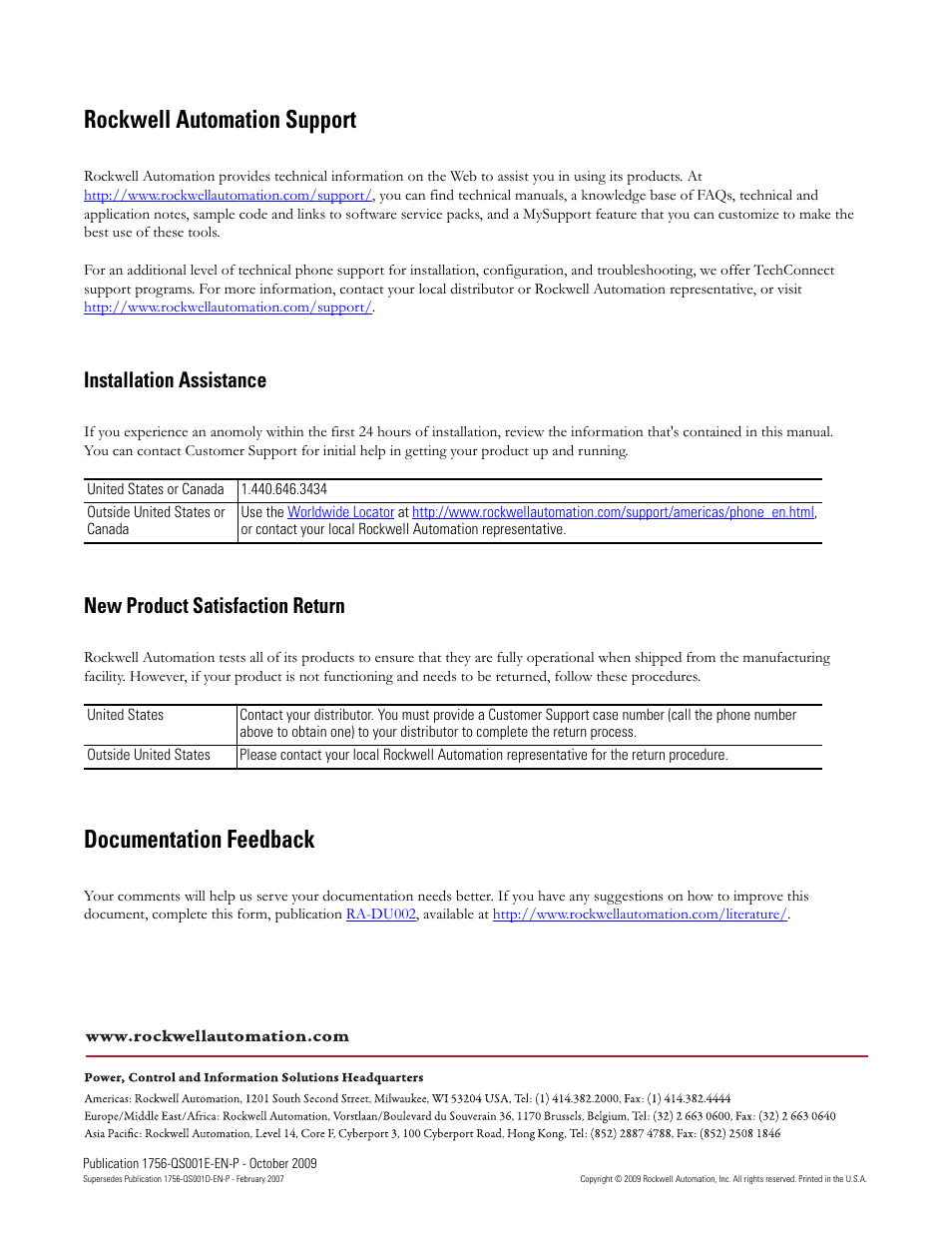 Back cover, Rockwell automation support, Documentation feedback | Installation assistance, New product satisfaction return | Rockwell Automation Logix5000 Logix5000 Controllers Quick Start User Manual | Page 148 / 148