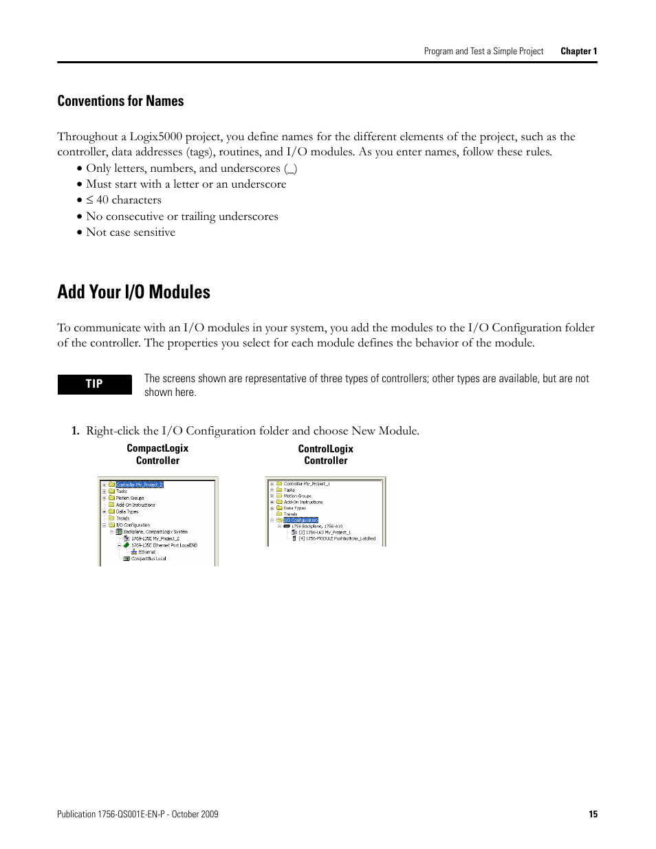 Add your i/o modules, Conventions for names | Rockwell Automation Logix5000 Logix5000 Controllers Quick Start User Manual | Page 15 / 148