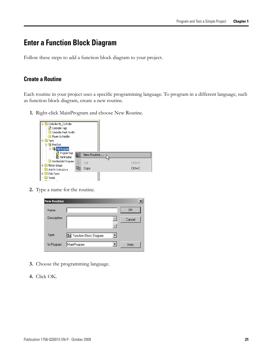 Enter a function block diagram, Create a routine | Rockwell Automation Logix5000 Logix5000 Controllers Quick Start User Manual | Page 21 / 148