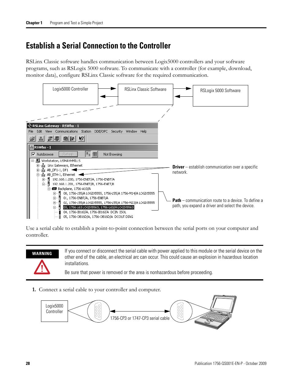 Establish a serial connection to the controller | Rockwell Automation Logix5000 Logix5000 Controllers Quick Start User Manual | Page 28 / 148