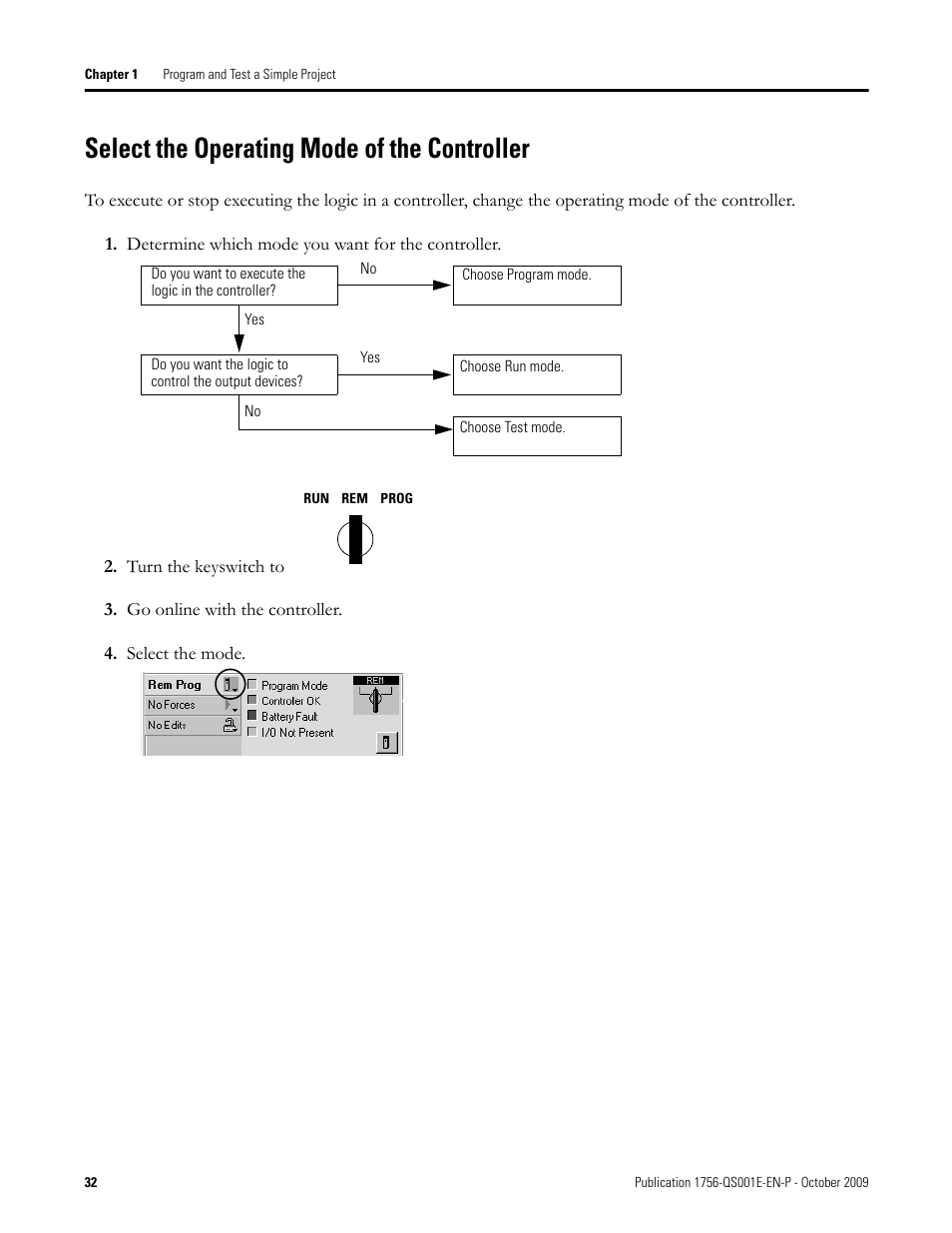 Select the operating mode of the controller | Rockwell Automation Logix5000 Logix5000 Controllers Quick Start User Manual | Page 32 / 148