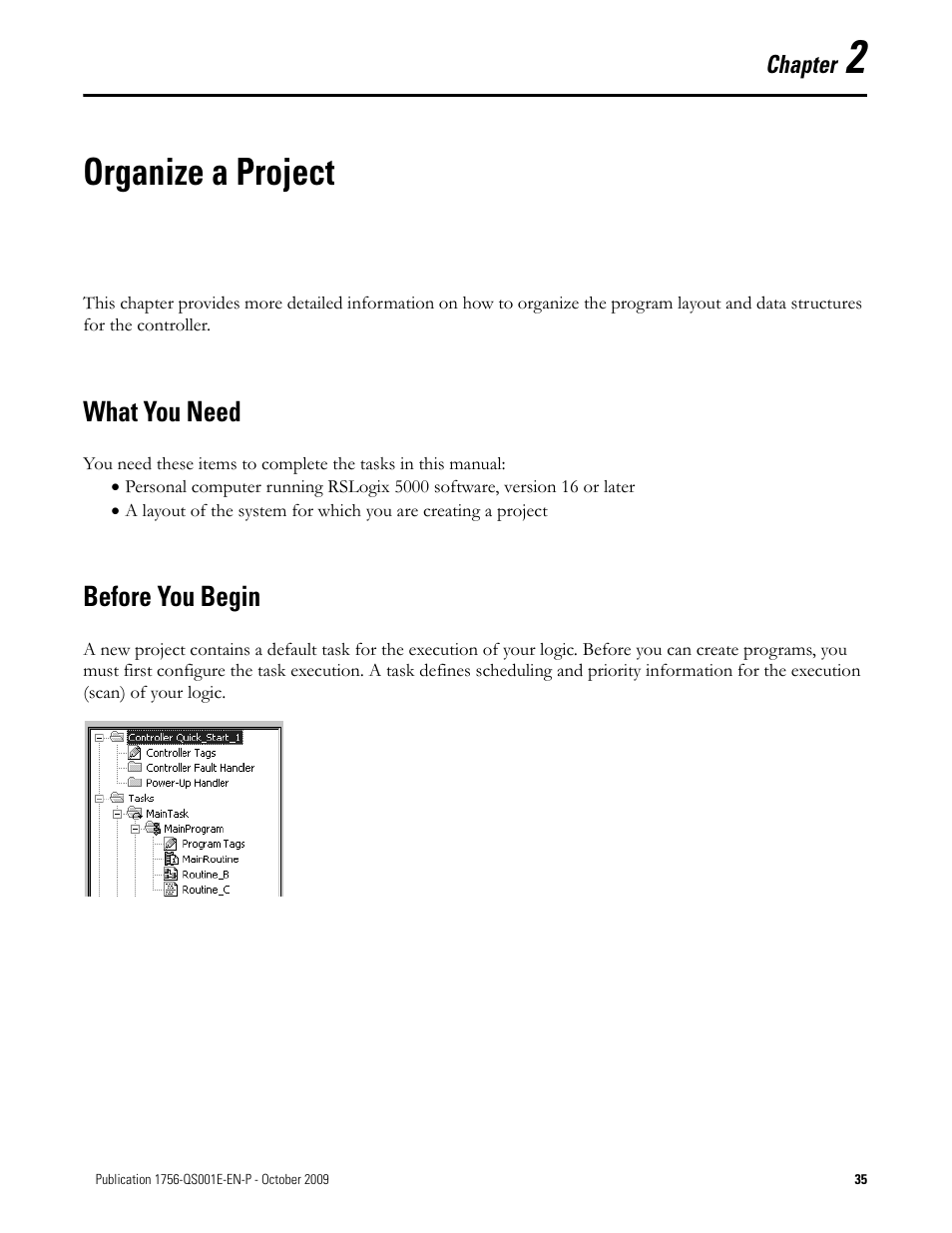 2 - organize a project, What you need, Before you begin | Chapter 2, Organize a project, What you need before you begin | Rockwell Automation Logix5000 Logix5000 Controllers Quick Start User Manual | Page 35 / 148