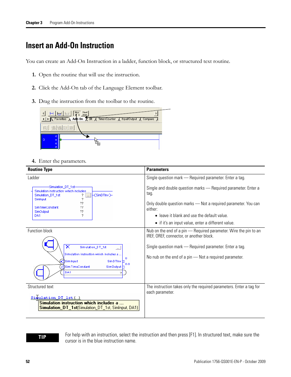 Insert an add-on instruction | Rockwell Automation Logix5000 Logix5000 Controllers Quick Start User Manual | Page 52 / 148