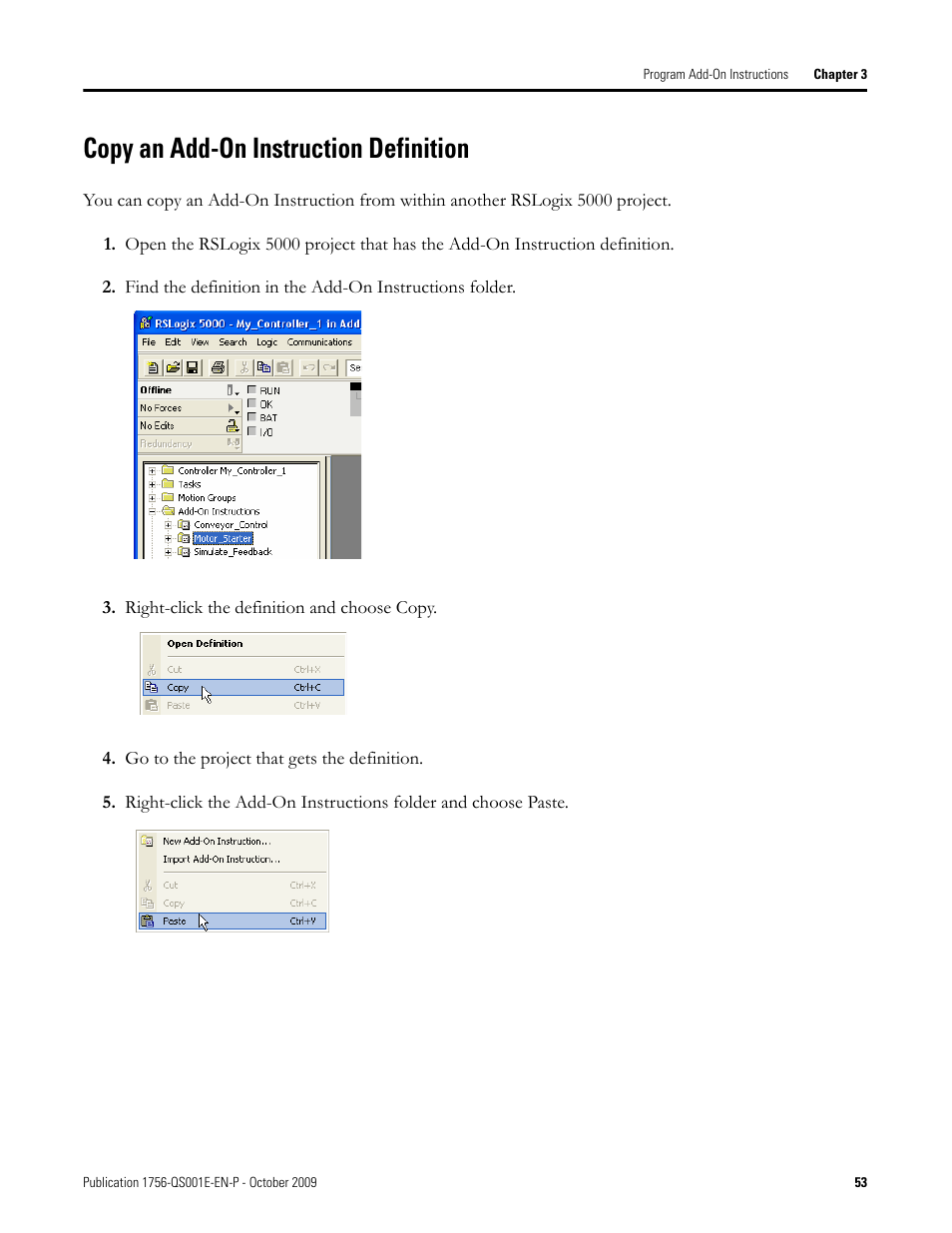 Copy an add-on instruction definition | Rockwell Automation Logix5000 Logix5000 Controllers Quick Start User Manual | Page 53 / 148