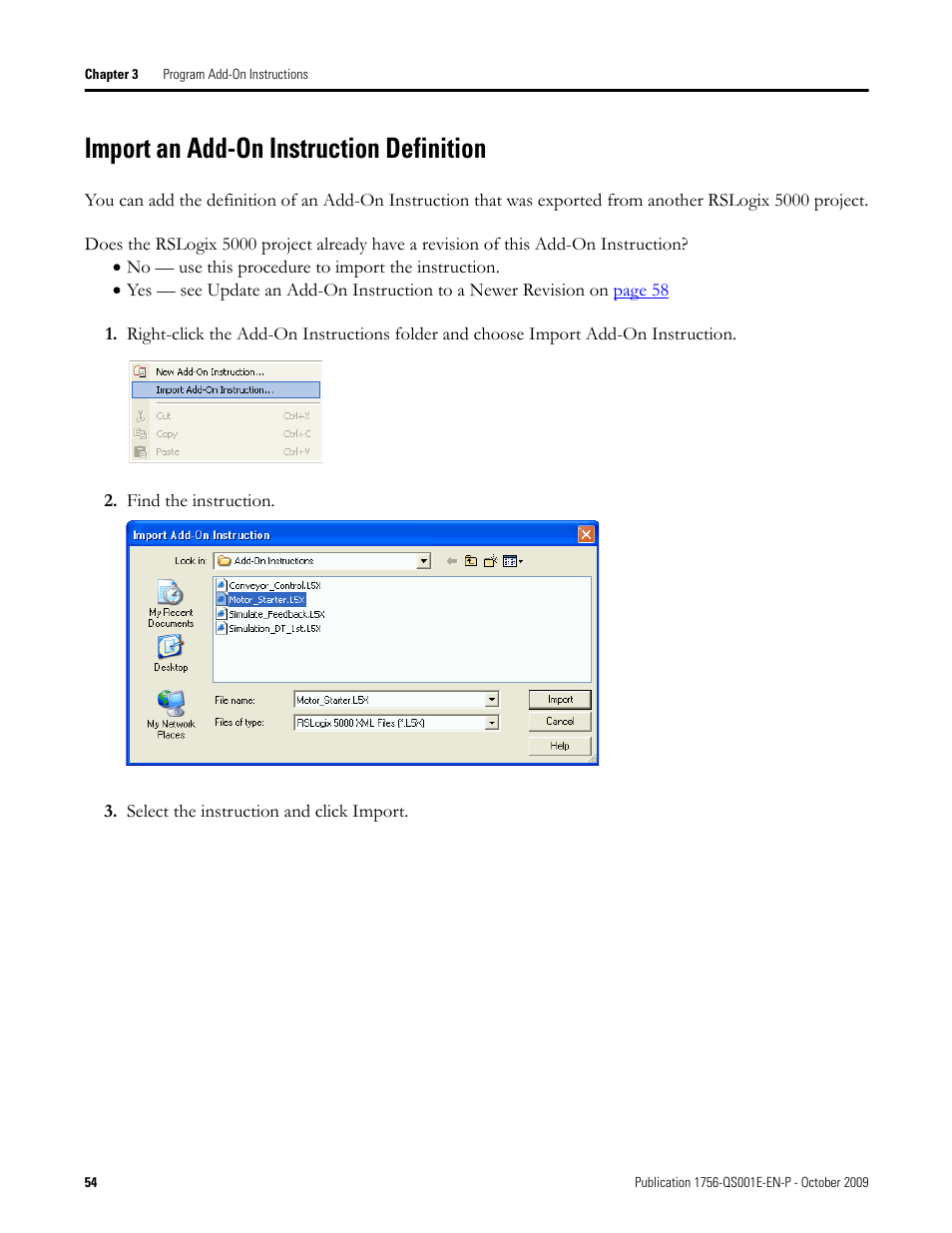 Import an add-on instruction definition | Rockwell Automation Logix5000 Logix5000 Controllers Quick Start User Manual | Page 54 / 148