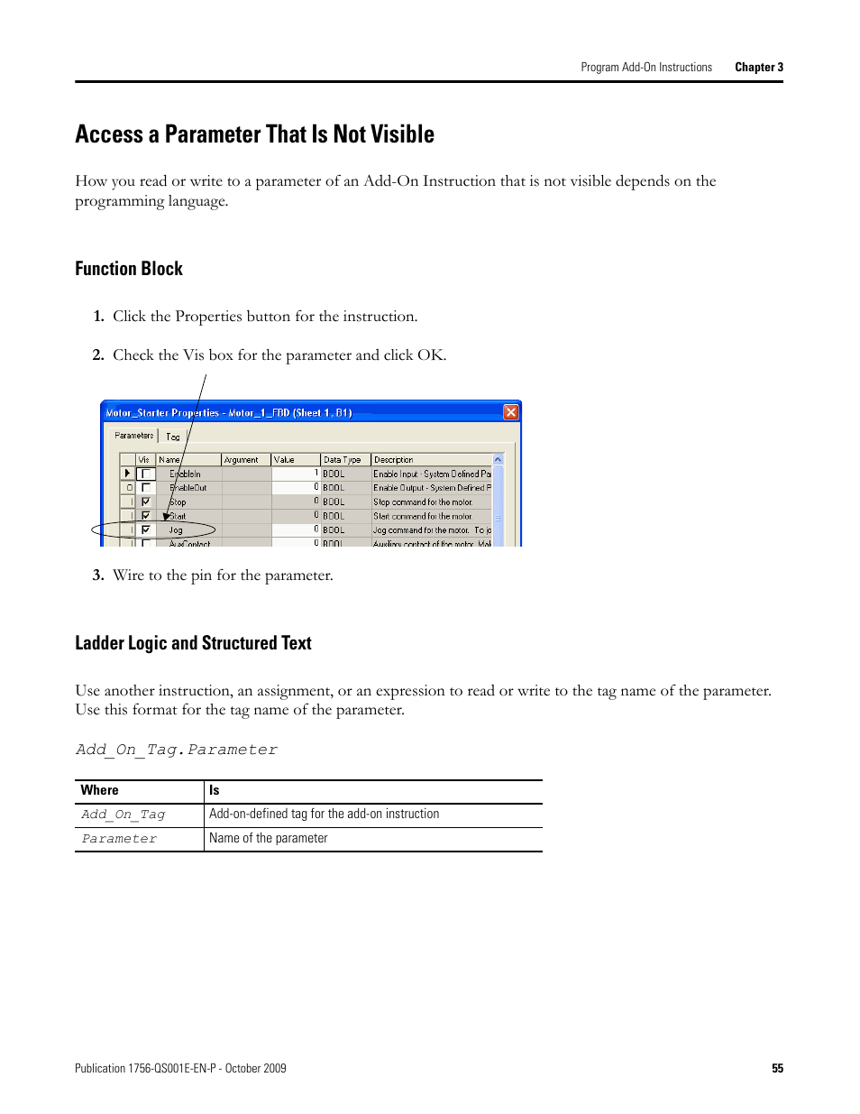 Access a parameter that is not visible, Function block ladder logic and structured text, Function block | Ladder logic and structured text | Rockwell Automation Logix5000 Logix5000 Controllers Quick Start User Manual | Page 55 / 148