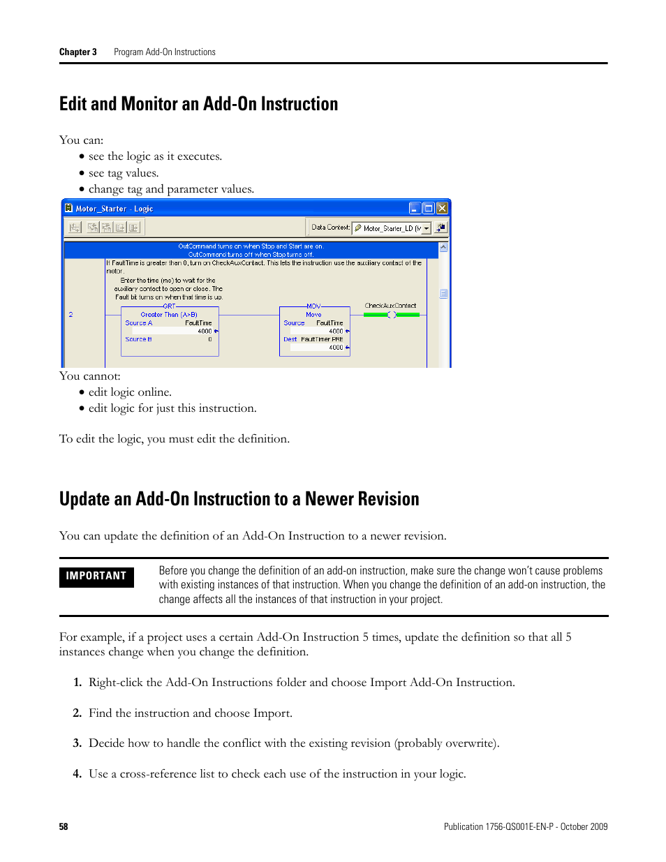 Edit and monitor an add-on instruction, Update an add-on instruction to a newer revision | Rockwell Automation Logix5000 Logix5000 Controllers Quick Start User Manual | Page 58 / 148