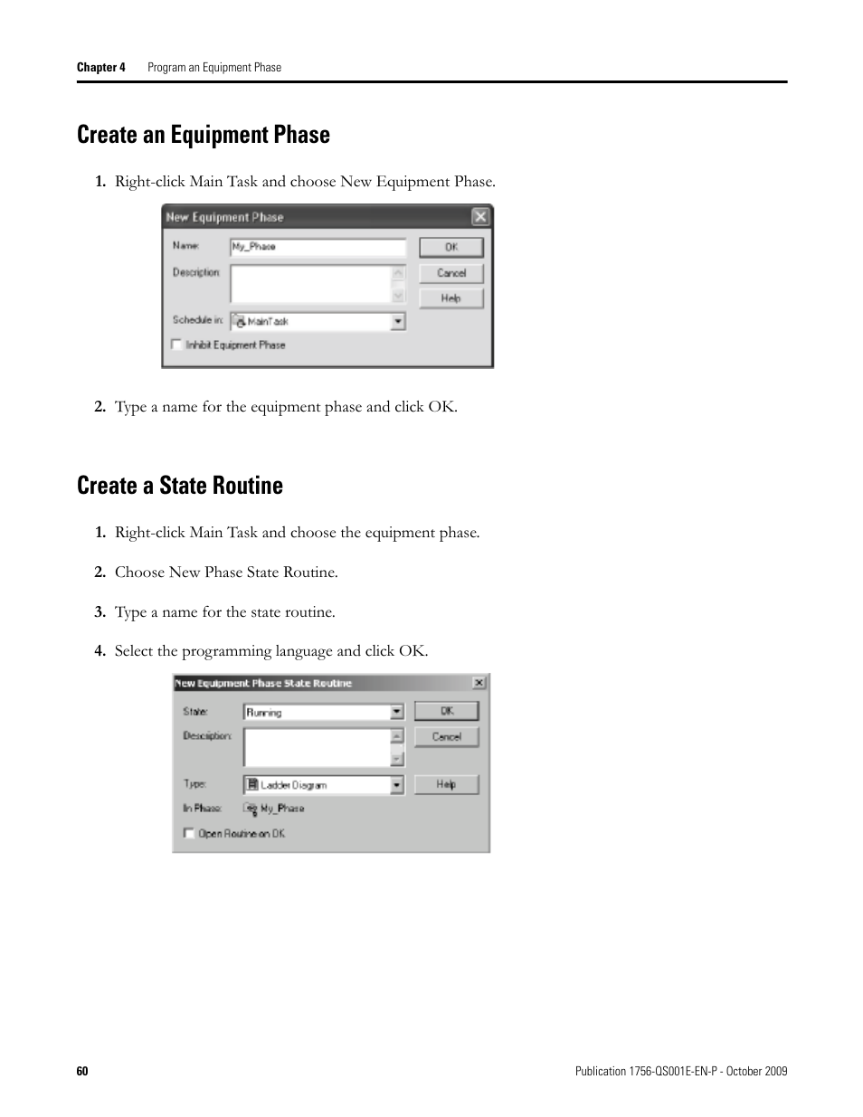 Create an equipment phase, Create a state routine, Create an equipment phase create a state routine | Rockwell Automation Logix5000 Logix5000 Controllers Quick Start User Manual | Page 60 / 148
