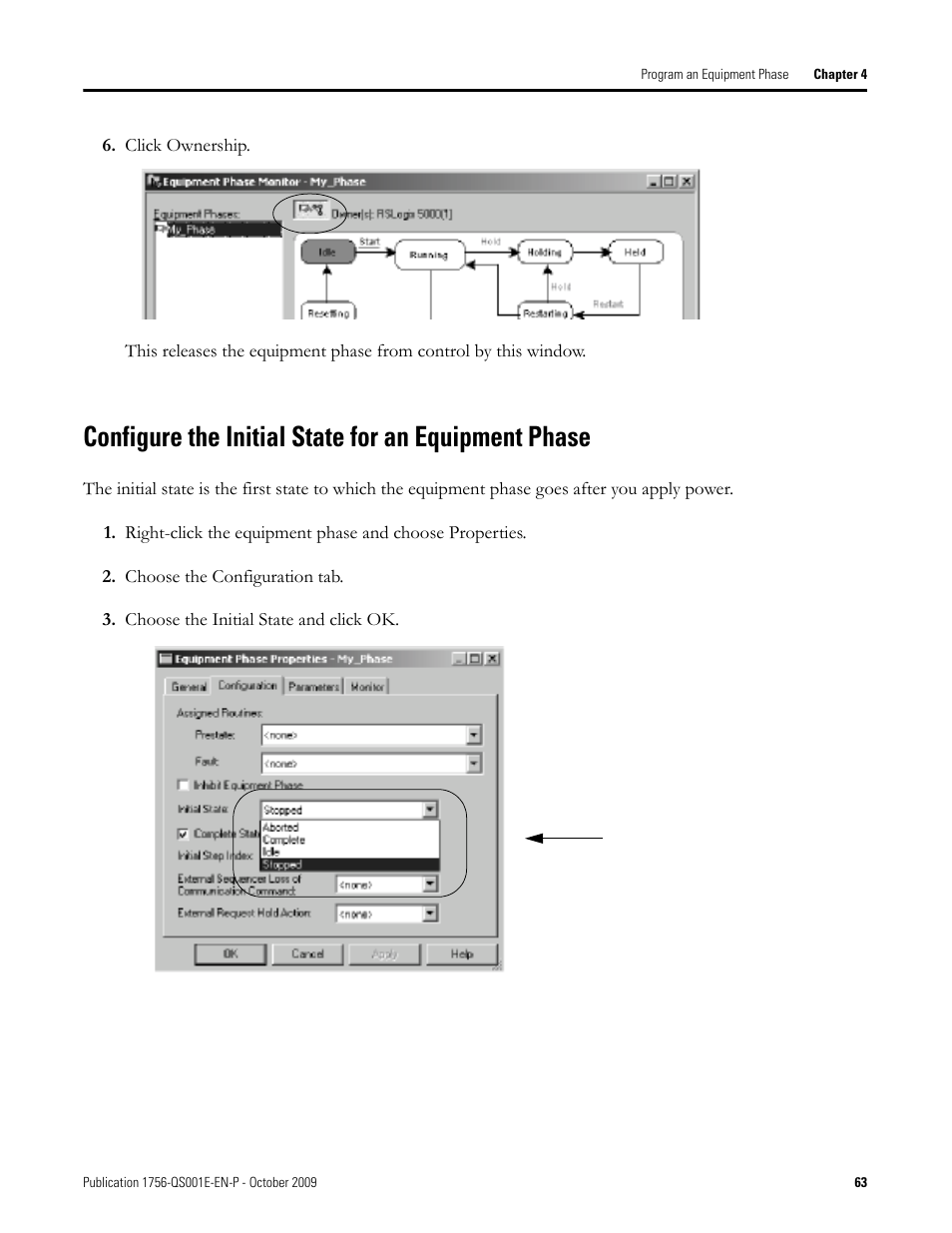 Configure the initial state for an equipment phase | Rockwell Automation Logix5000 Logix5000 Controllers Quick Start User Manual | Page 63 / 148