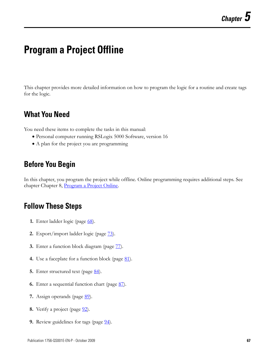 5 - program a project offline, What you need, Before you begin | Follow these steps, Chapter 5, Program a project offline, What you need before you begin follow these steps, Chapter | Rockwell Automation Logix5000 Logix5000 Controllers Quick Start User Manual | Page 67 / 148