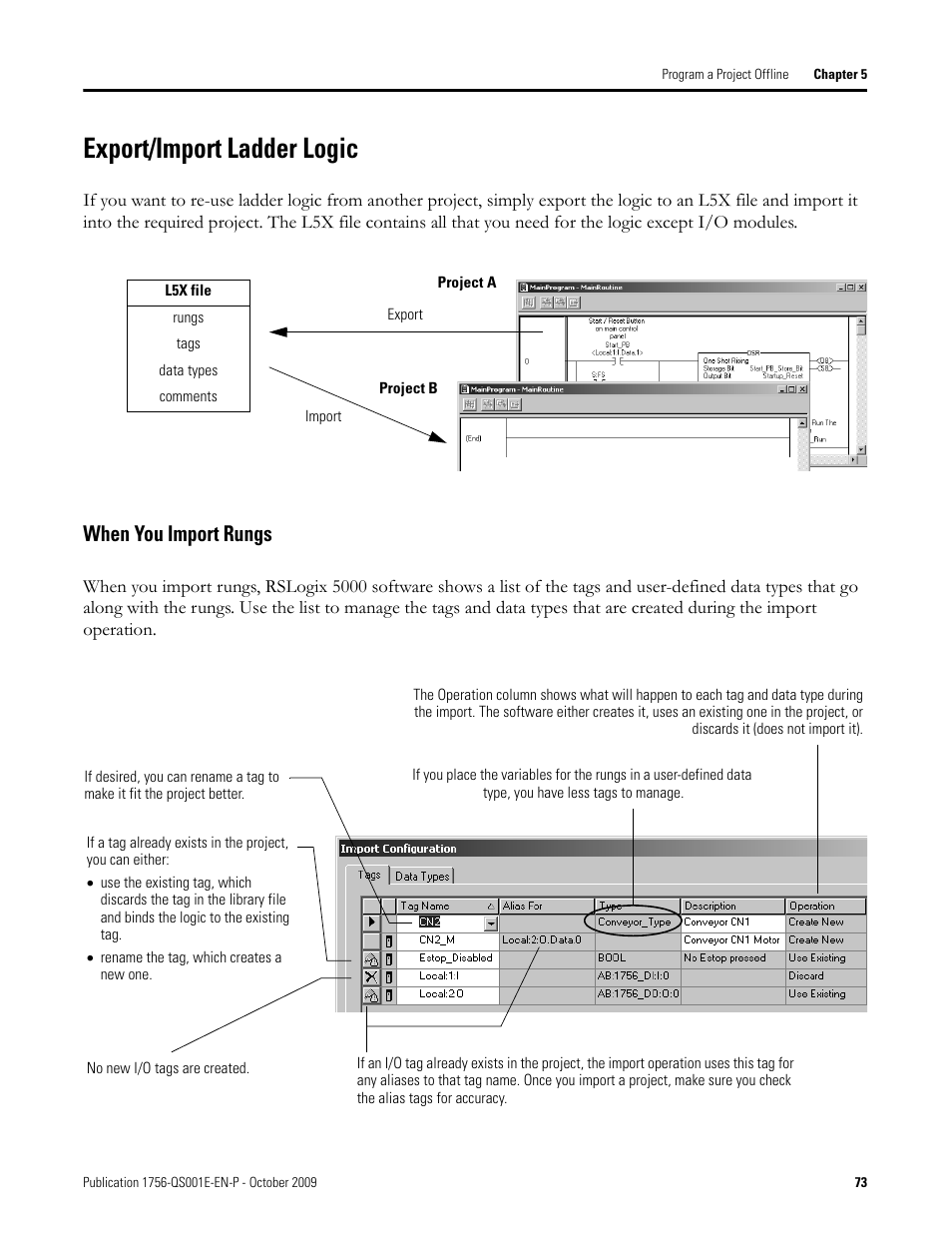 Export/import ladder logic, When you import rungs | Rockwell Automation Logix5000 Logix5000 Controllers Quick Start User Manual | Page 73 / 148