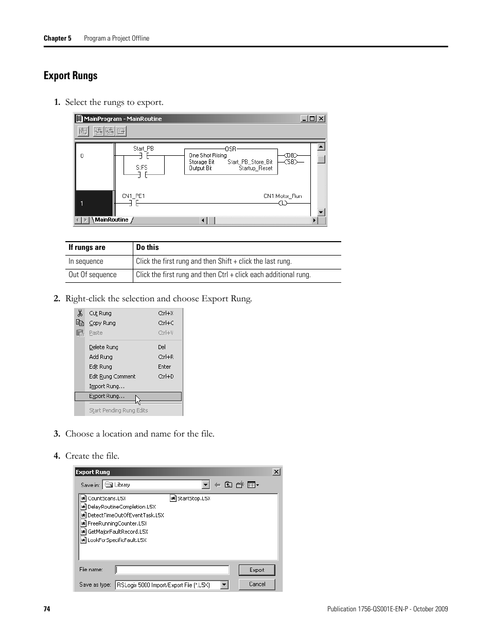 Export rungs | Rockwell Automation Logix5000 Logix5000 Controllers Quick Start User Manual | Page 74 / 148
