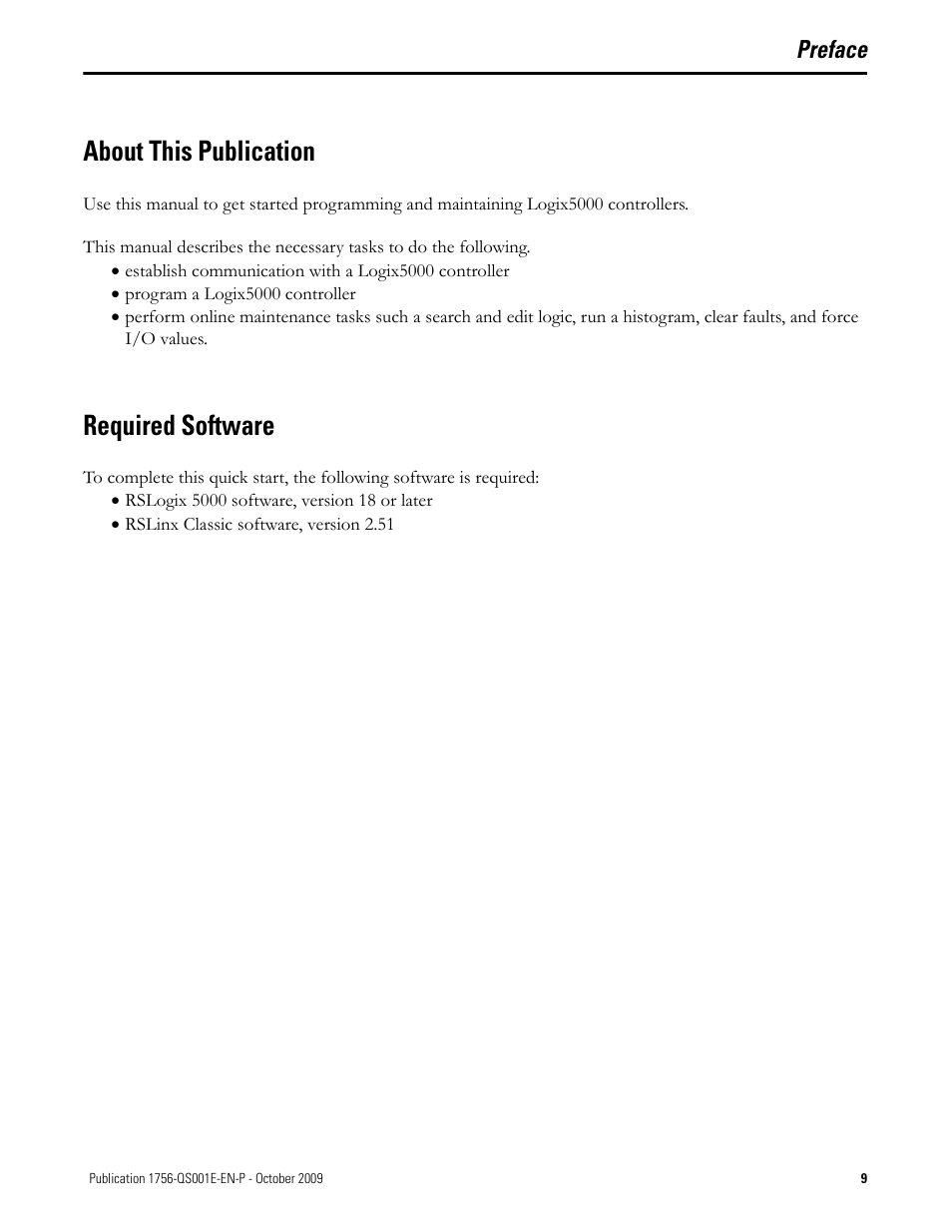 About this publication, Required software, Preface | About this publication required software | Rockwell Automation Logix5000 Logix5000 Controllers Quick Start User Manual | Page 9 / 148