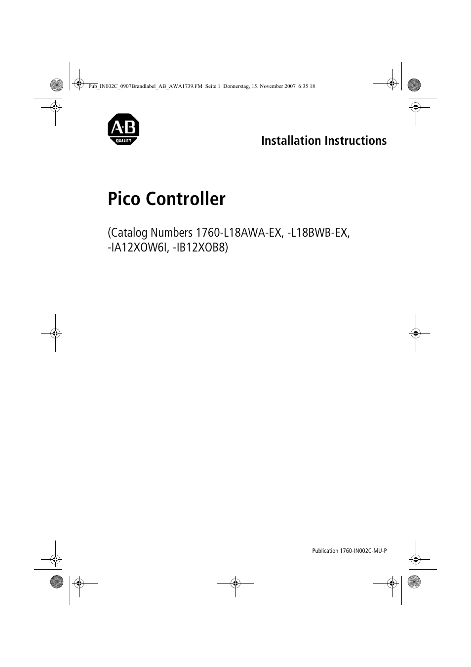 Rockwell Automation 1760-Lxxxx Pico Controller Installation Instructions User Manual | 20 pages