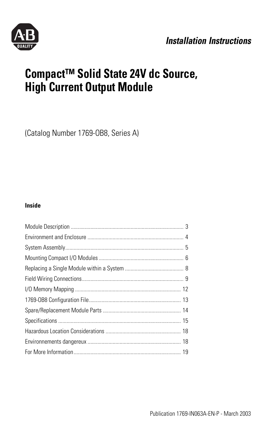 Rockwell Automation 1769-OB8 Compact Solid State 24V dc Source, High Current Output Module User Manual | 20 pages