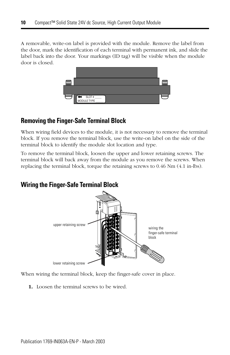 Removing the finger-safe terminal block, Wiring the finger-safe terminal block | Rockwell Automation 1769-OB8 Compact Solid State 24V dc Source, High Current Output Module User Manual | Page 10 / 20