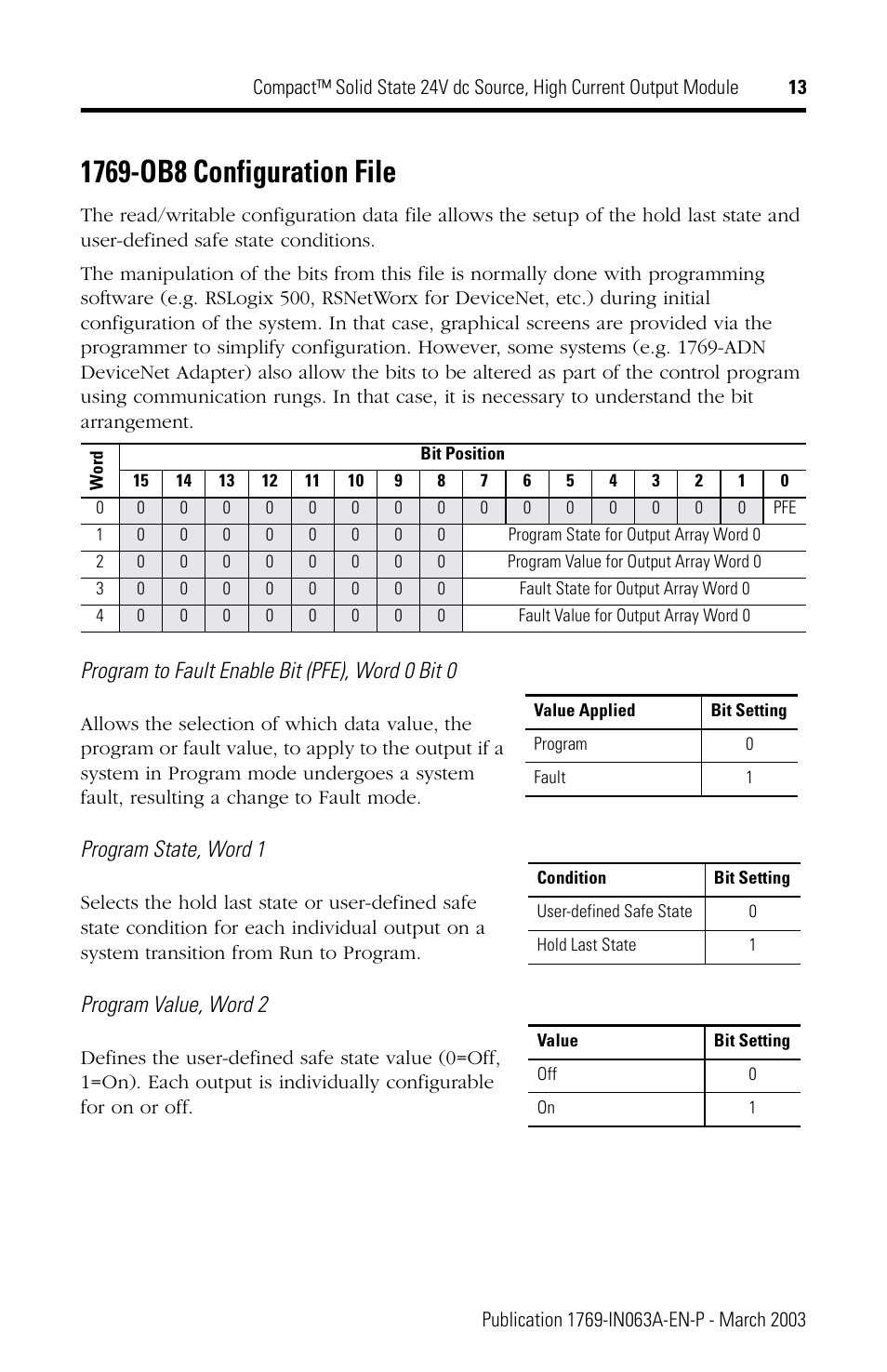 1769-ob8 configuration file, Program to fault enable bit (pfe), word 0 bit 0, Program state, word 1 | Program value, word 2 | Rockwell Automation 1769-OB8 Compact Solid State 24V dc Source, High Current Output Module User Manual | Page 13 / 20