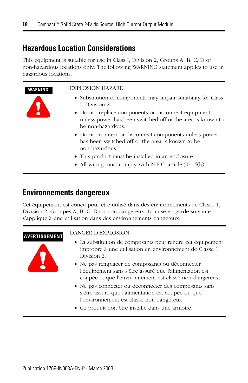 Hazardous location considerations, Environnements dangereux | Rockwell Automation 1769-OB8 Compact Solid State 24V dc Source, High Current Output Module User Manual | Page 18 / 20