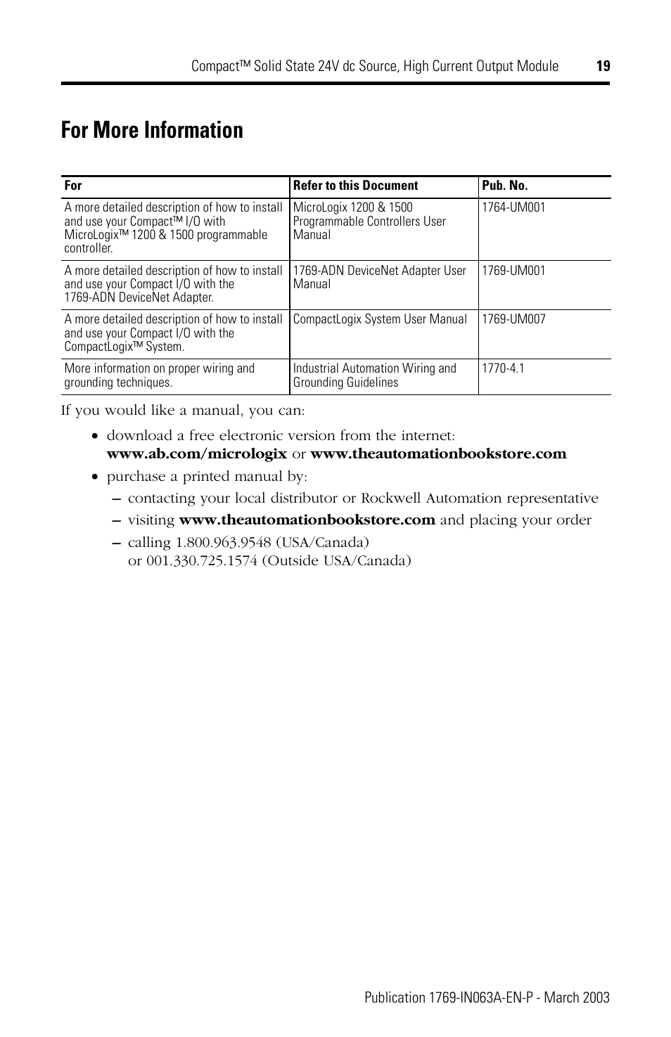 For more information | Rockwell Automation 1769-OB8 Compact Solid State 24V dc Source, High Current Output Module User Manual | Page 19 / 20