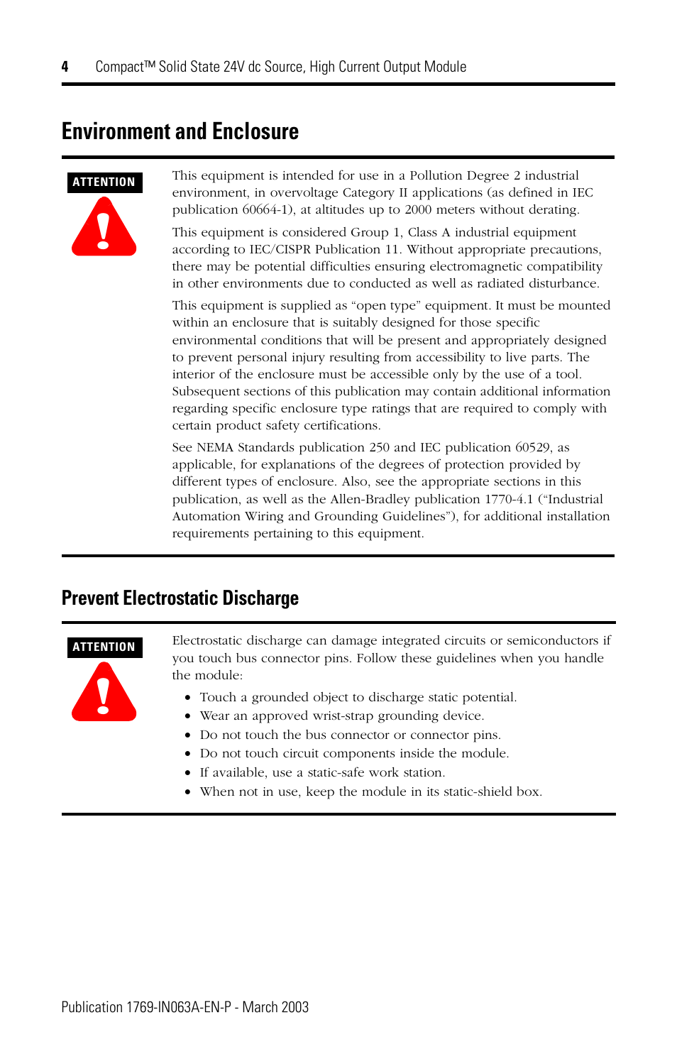 Environment and enclosure | Rockwell Automation 1769-OB8 Compact Solid State 24V dc Source, High Current Output Module User Manual | Page 4 / 20