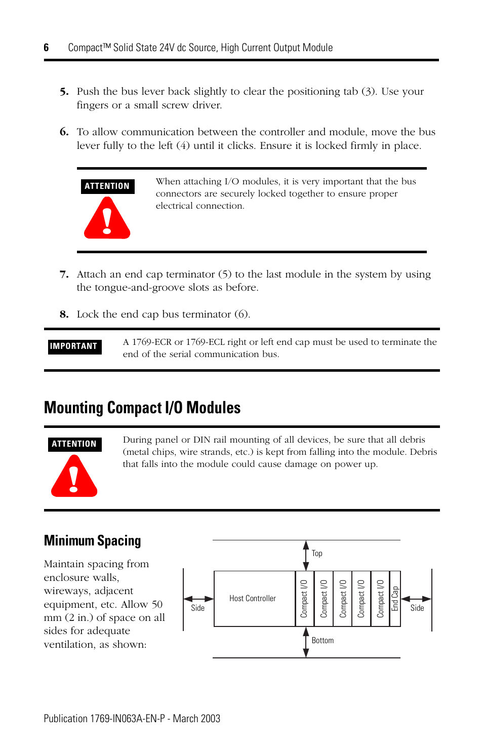 Mounting compact i/o modules, Minimum spacing | Rockwell Automation 1769-OB8 Compact Solid State 24V dc Source, High Current Output Module User Manual | Page 6 / 20