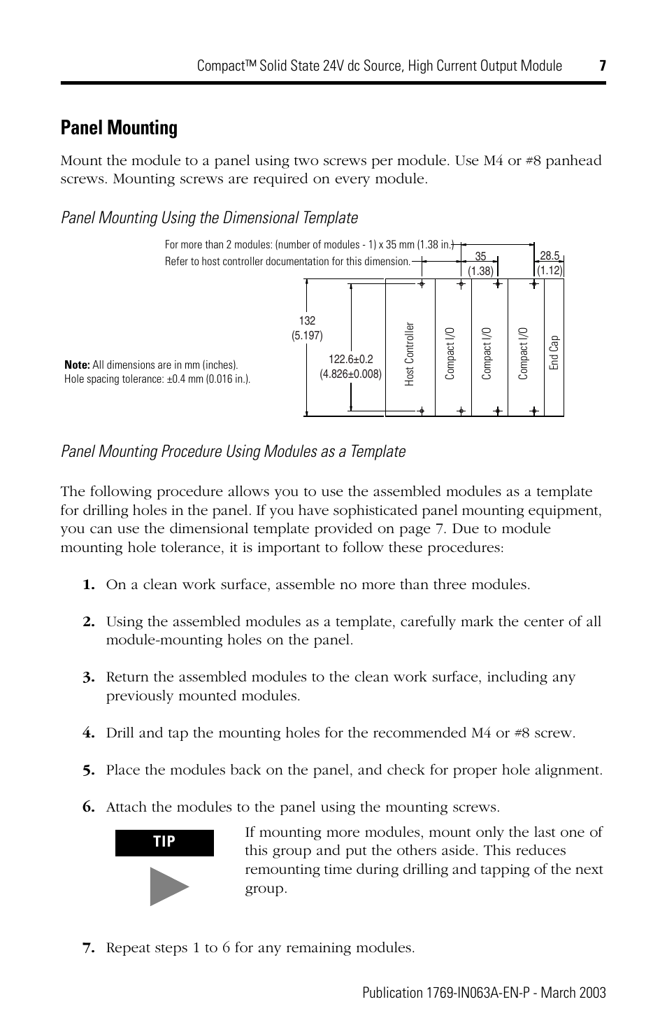 Panel mounting" on, Panel mounting | Rockwell Automation 1769-OB8 Compact Solid State 24V dc Source, High Current Output Module User Manual | Page 7 / 20