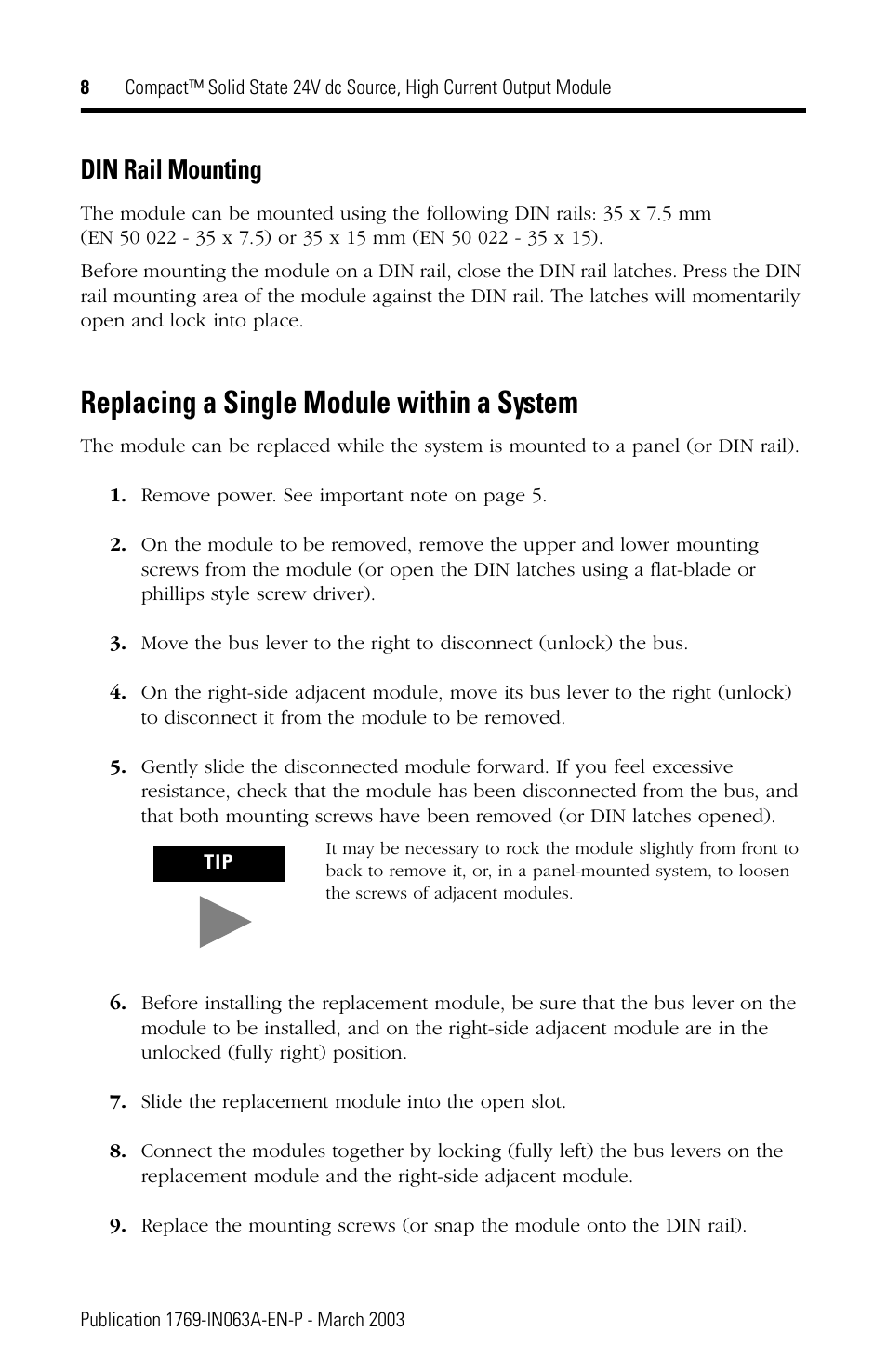 Replacing a single module within a system, Rail mounting, Din rail mounting | Rockwell Automation 1769-OB8 Compact Solid State 24V dc Source, High Current Output Module User Manual | Page 8 / 20