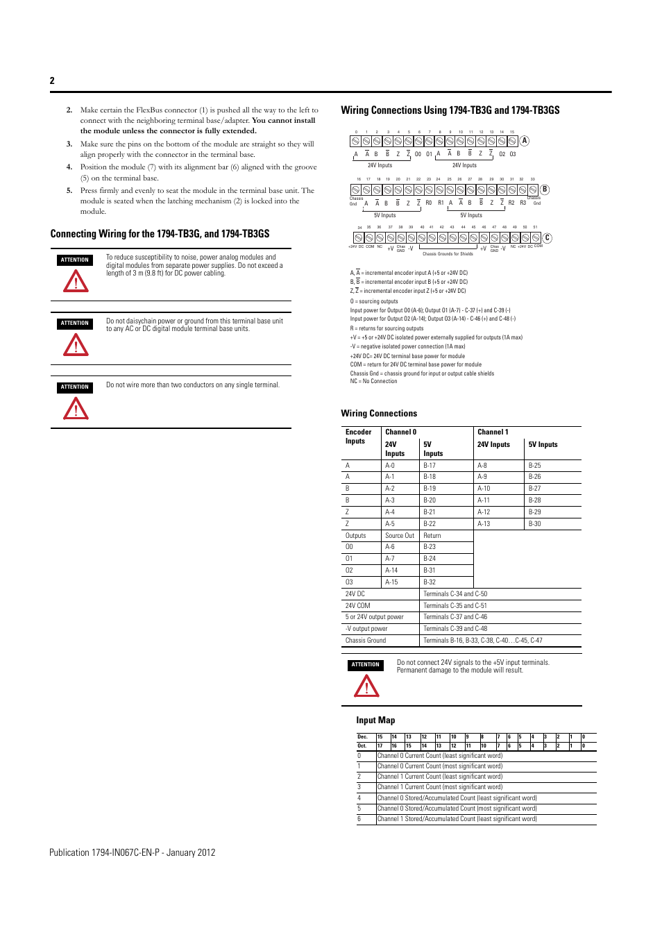 Wiring connections using 1794-tb3g and 1794-tb3gs, Wiring connections, Input map | Rockwell Automation 1794-VHSC Very High Speed Counter Module Installation Instruction User Manual | Page 2 / 6