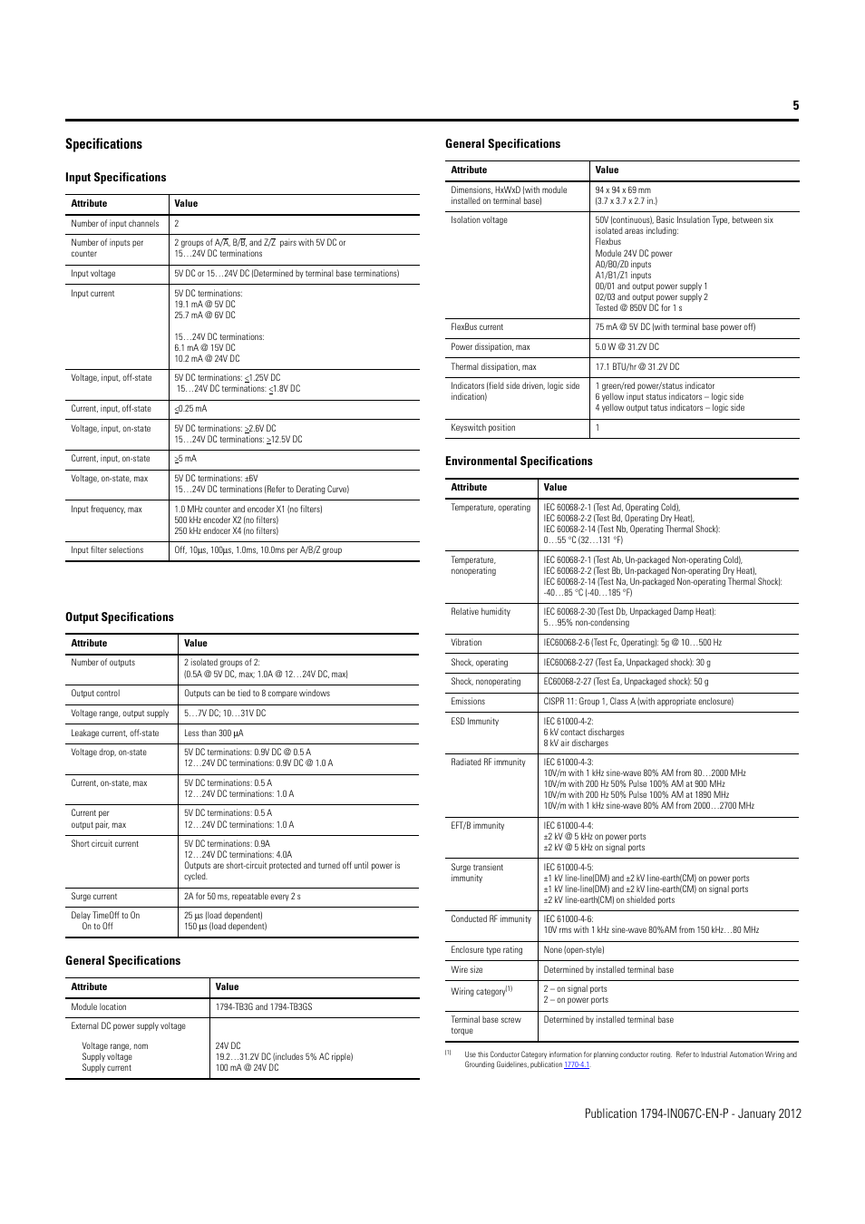 Specifications | Rockwell Automation 1794-VHSC Very High Speed Counter Module Installation Instruction User Manual | Page 5 / 6