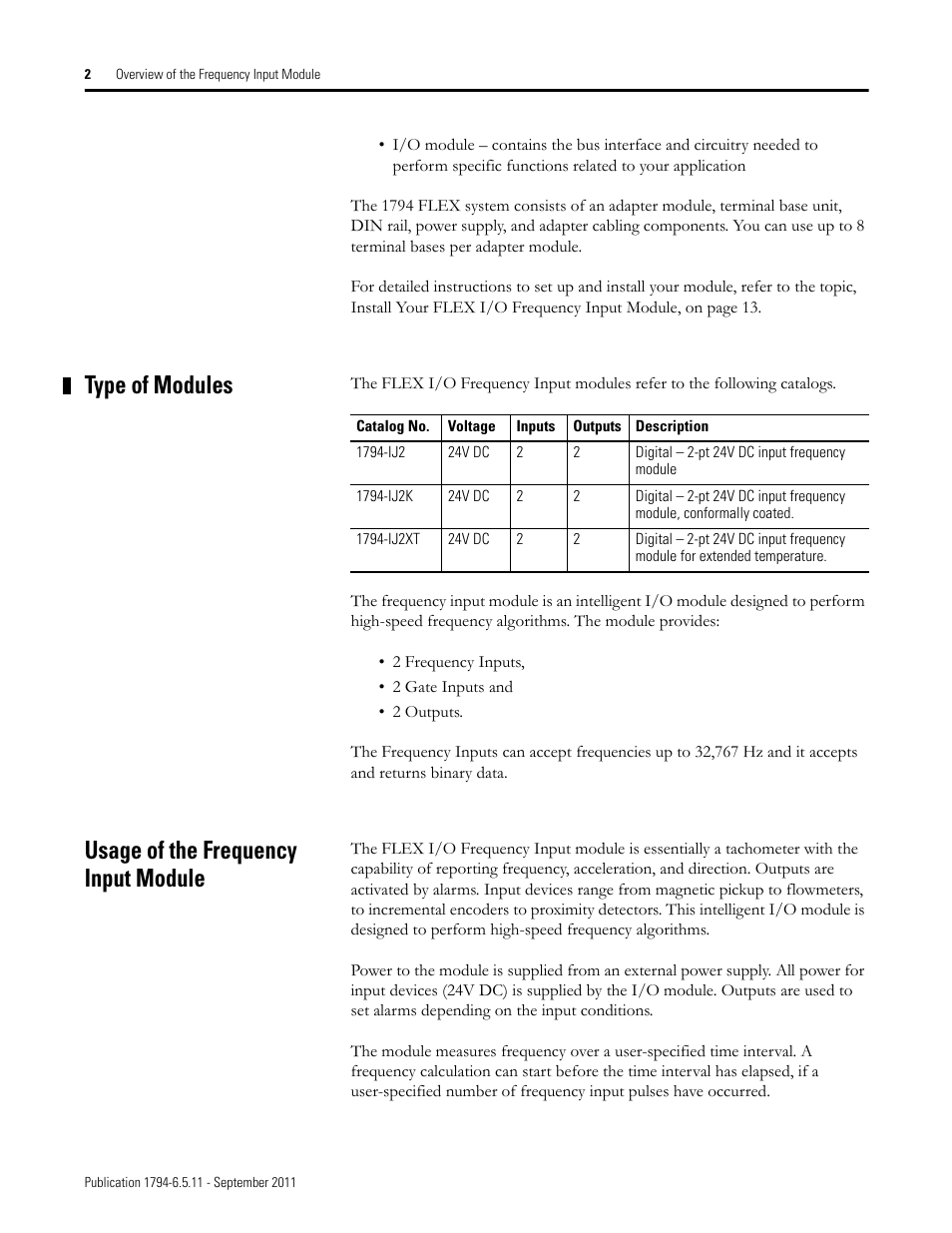 Type of modules, Usage of the frequency input module | Rockwell Automation 1794-IJ2XT FLEX I/O Frequency Input Modules User Manual User Manual | Page 12 / 87