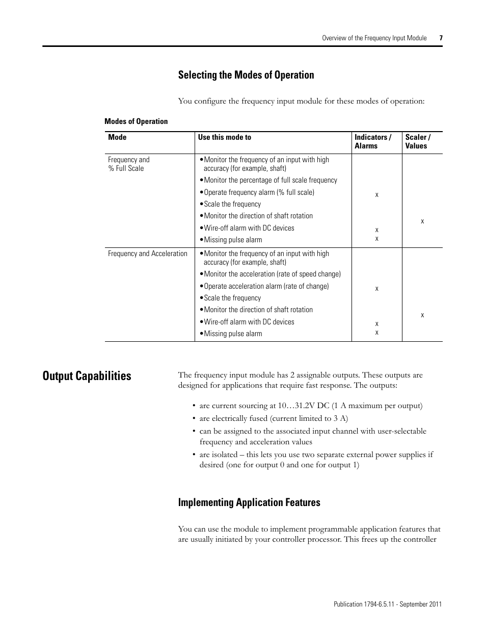 Selecting the modes of operation, Output capabilities, Implementing application features | Rockwell Automation 1794-IJ2XT FLEX I/O Frequency Input Modules User Manual User Manual | Page 17 / 87