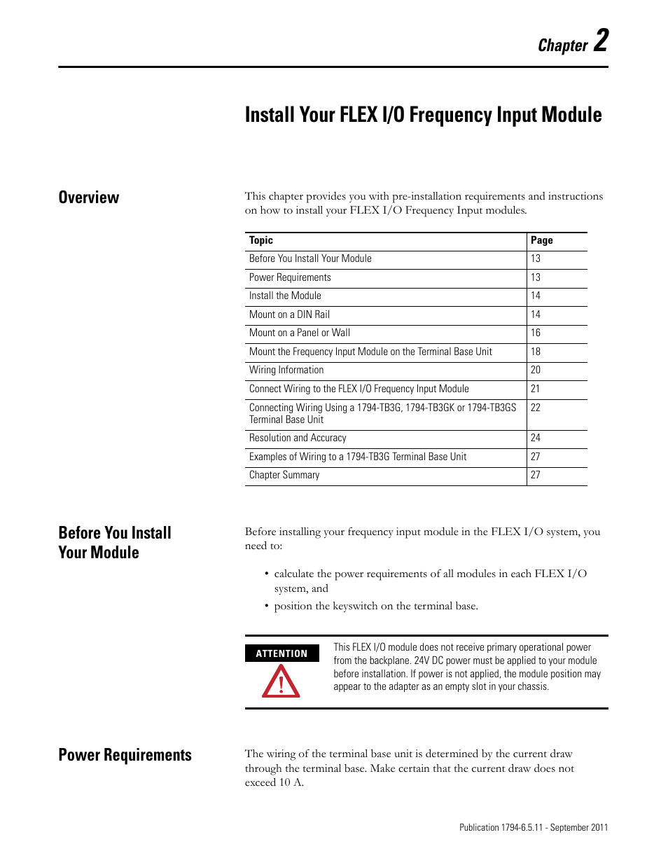 Chapter 2, 2 – install your flex i/o frequency input module, Overview | Before you install your module, Power requirements, Install your flex i/o frequency input module, Chapter | Rockwell Automation 1794-IJ2XT FLEX I/O Frequency Input Modules User Manual User Manual | Page 23 / 87