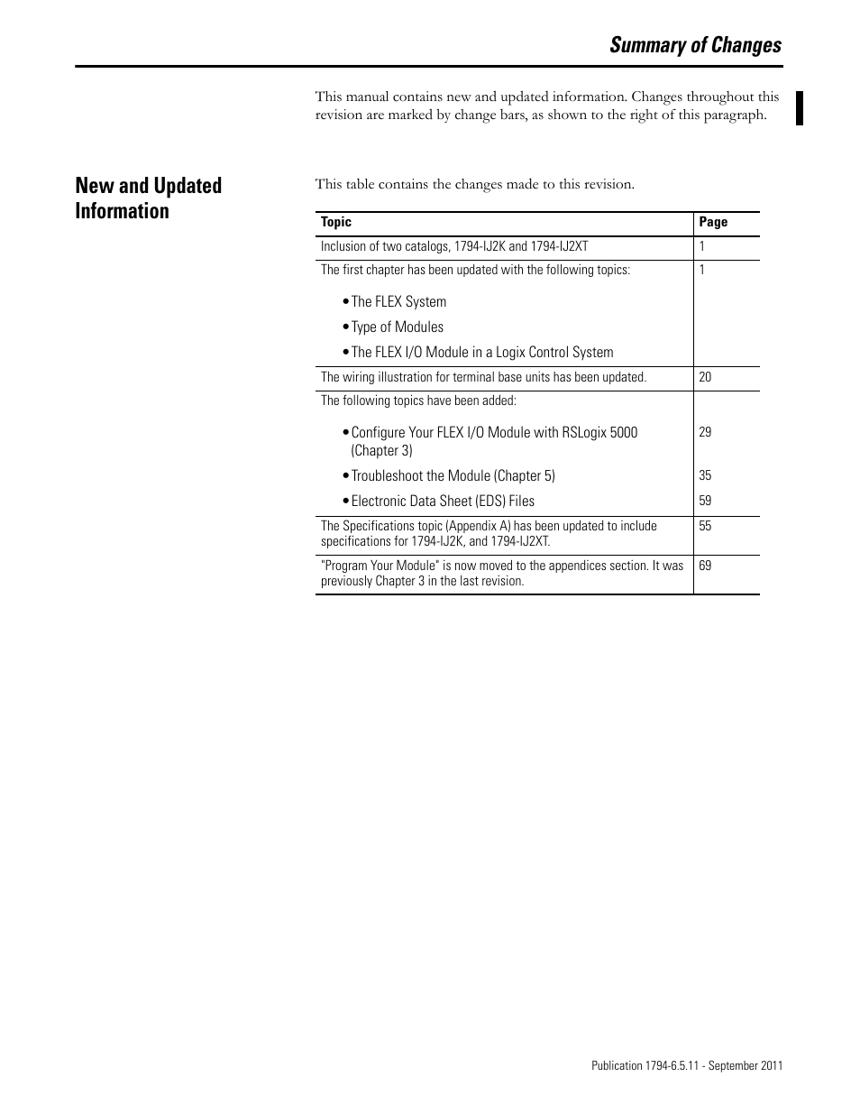 Summary of changes, New and updated information | Rockwell Automation 1794-IJ2XT FLEX I/O Frequency Input Modules User Manual User Manual | Page 3 / 87