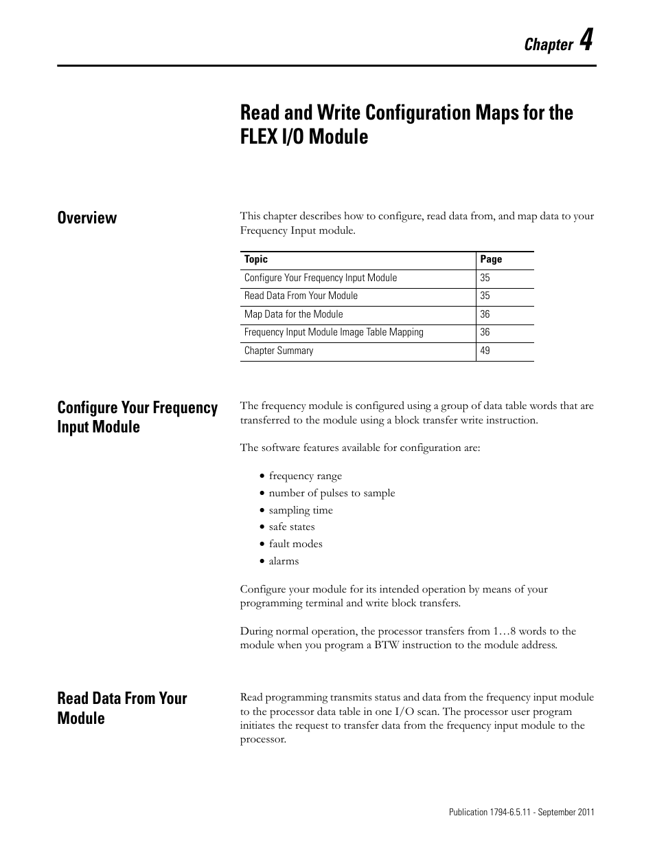 Chapter 4, Overview, Configure your frequency input module | Read data from your module, Chapter 5, Chapter | Rockwell Automation 1794-IJ2XT FLEX I/O Frequency Input Modules User Manual User Manual | Page 45 / 87