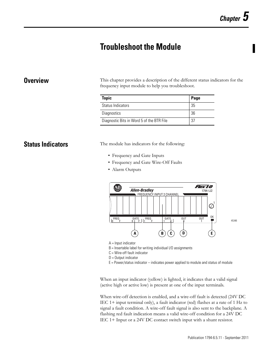 Chapter 4, 5 – troubleshoot the module, Overview | Status indicators, Troubleshoot the module, Overview status indicators, Chapter | Rockwell Automation 1794-IJ2XT FLEX I/O Frequency Input Modules User Manual User Manual | Page 61 / 87