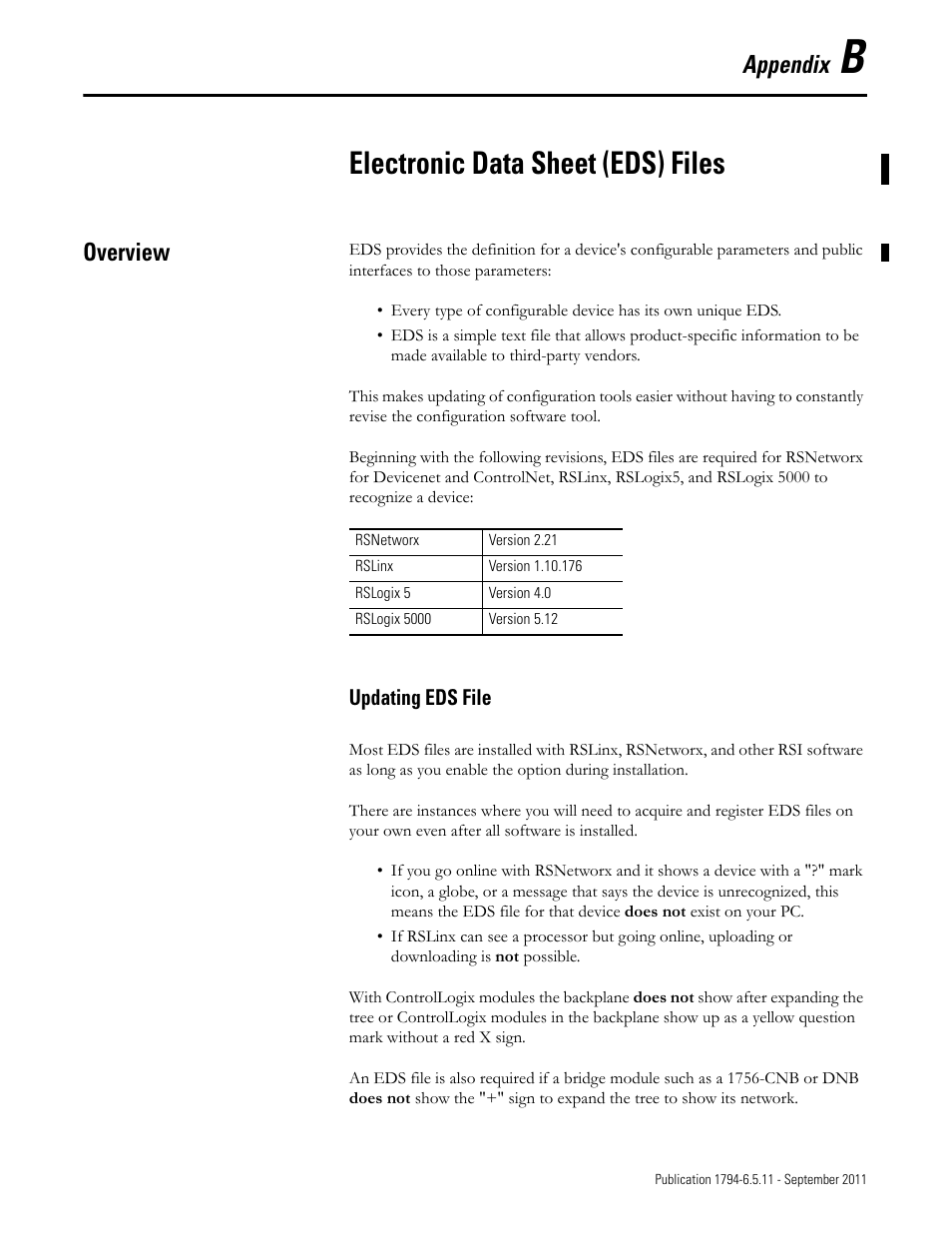 B – electronic data sheet (eds) files, Overview, Updating eds file | Appendix b, Electronic data sheet (eds) files, Appendix | Rockwell Automation 1794-IJ2XT FLEX I/O Frequency Input Modules User Manual User Manual | Page 69 / 87